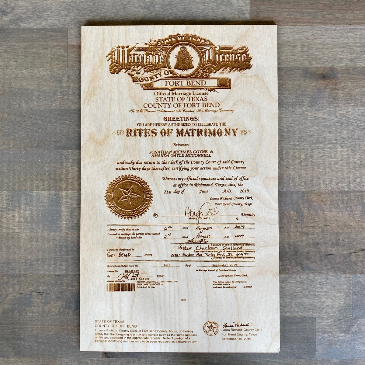 Wood Engraved Marriage License Rose84