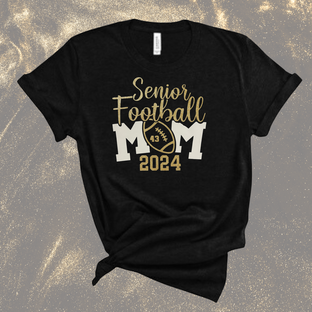 Senior Football Mom Shirt - Front and Back - Black Heather Bella Canvas