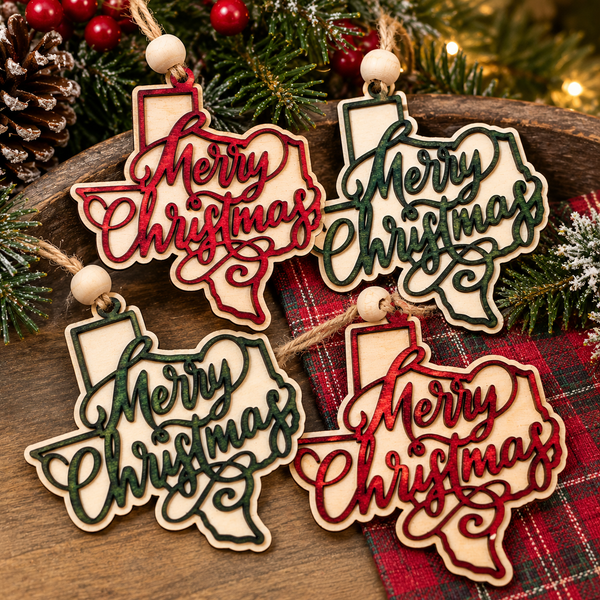 Texas Merry Christmas Wooden Ornament - Hand Painted