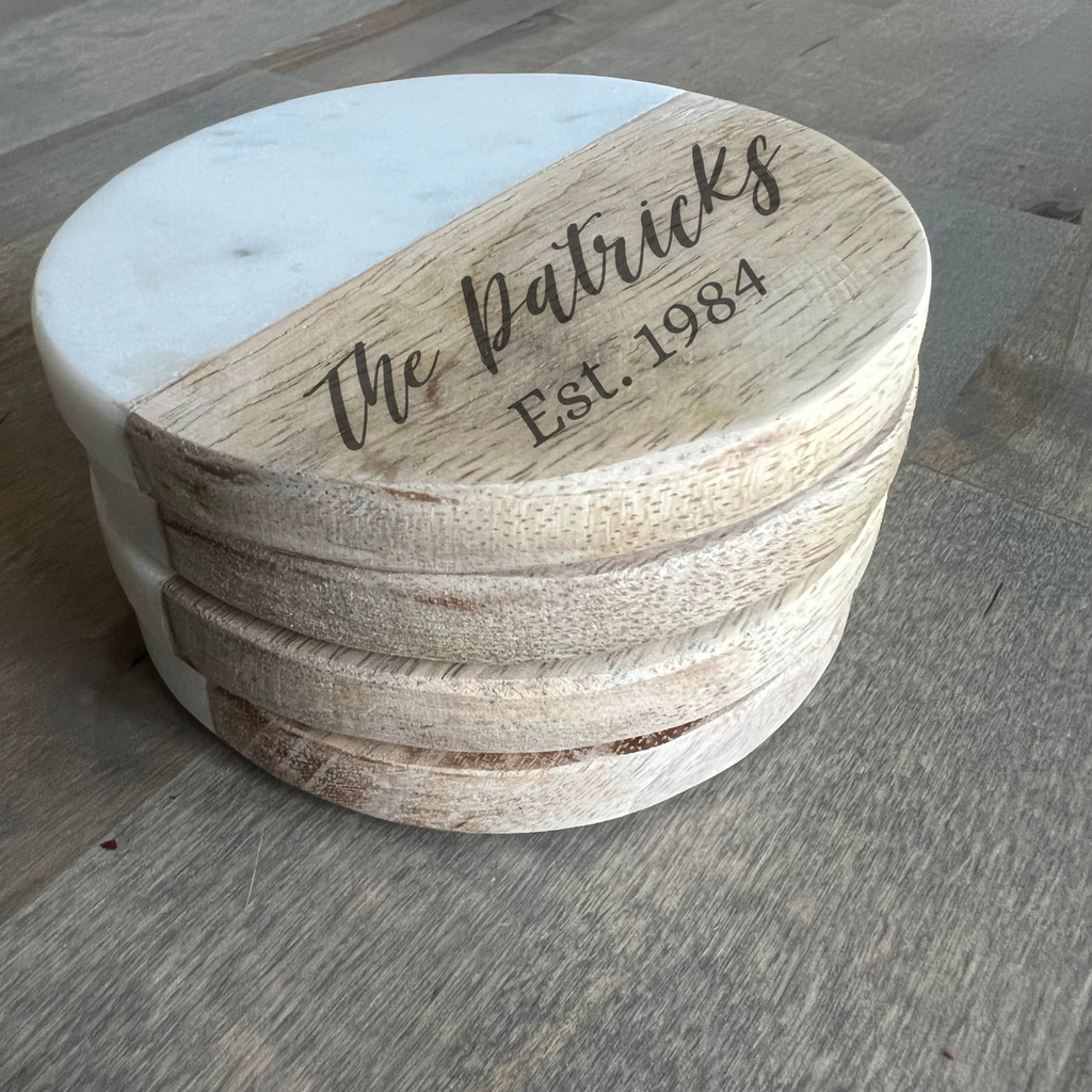 Personalized Custom Engraved Round Marble and Wood Coasters- Set of 4