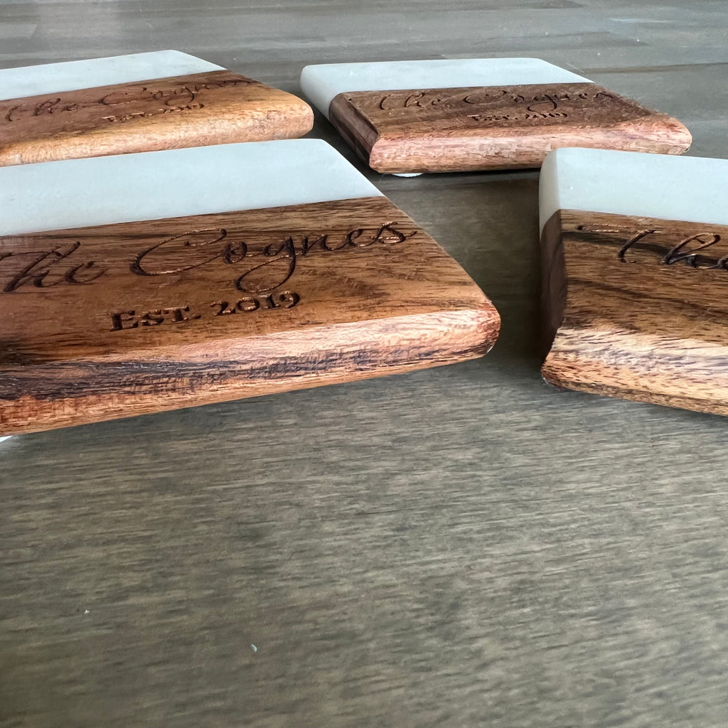 Personalized Wood & Marble Coasters - Square - 4 Pack